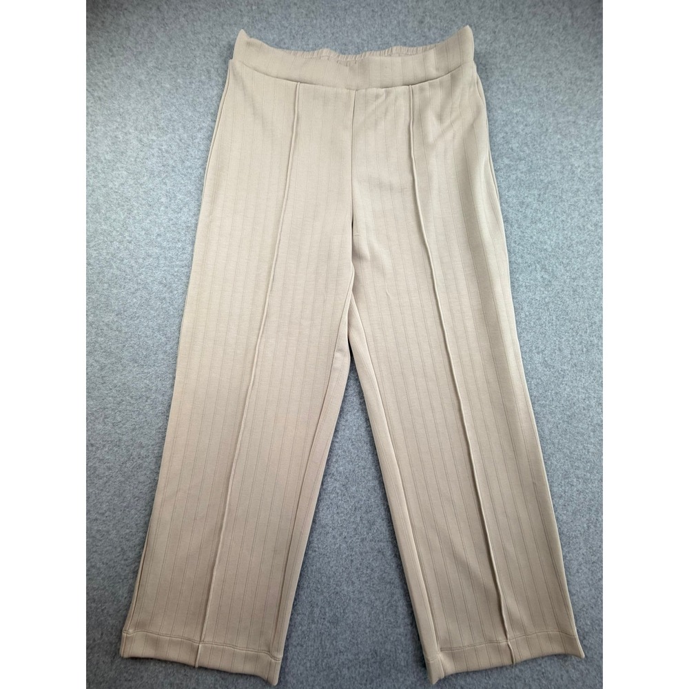 Elie Tahari Ribbed Knit Pintuck Wide Leg Pants Cement Beige Women Medium